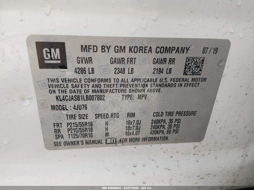 2020 Buick Encore VIN KL4CJASB1LB007802 IAAI salvage auction — REAR END, Clear (Missouri), sold $2,475 on 2026-07-22 (photo 9)