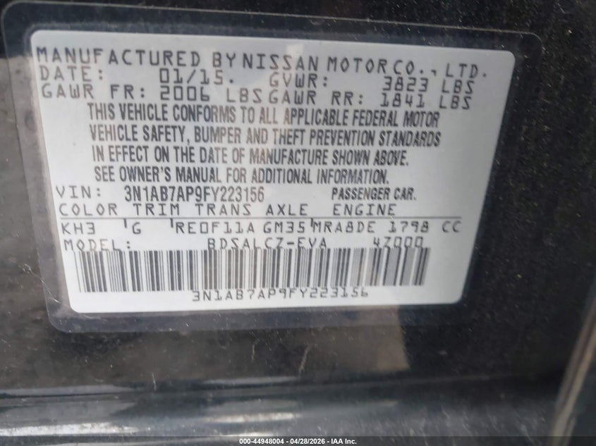 2015 Nissan Sentra VIN 3N1AB7AP9FY223156 IAAI salvage auction — FRONT END, Salvage - Greater Than 75% (Maryland), sold $425 on 2026-07-27 (photo 9)