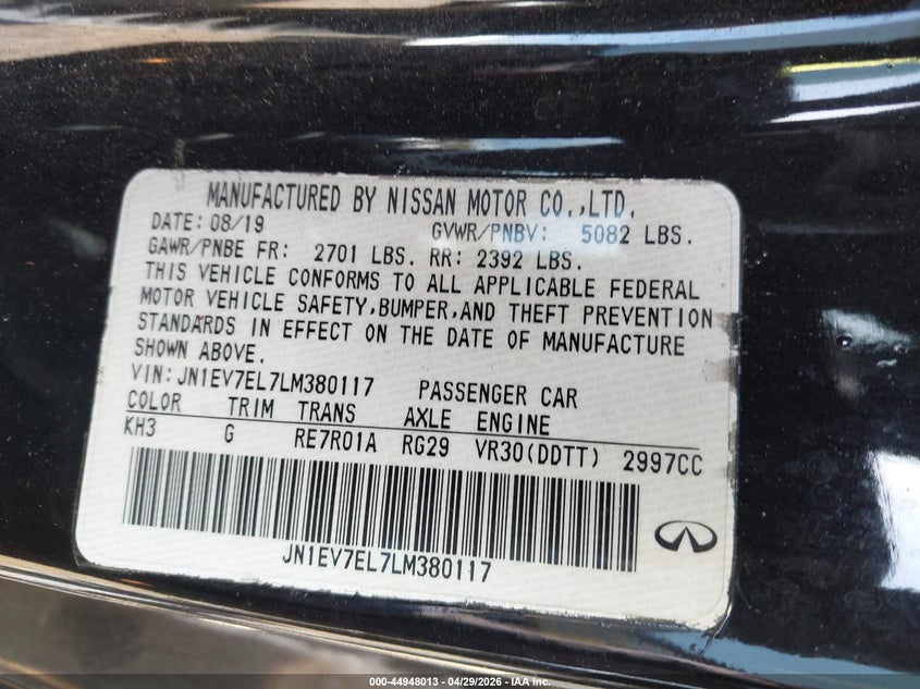 2020 Infiniti Q60 VIN JN1EV7EL7LM380117 IAAI salvage auction — RIGHT SIDE, Mv-907A (New York), sold $6,950 on 2026-07-14 (photo 9)