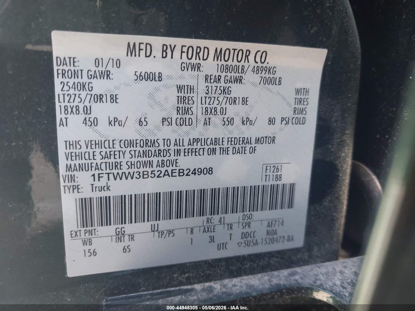 2010 Ford F-350 VIN 1FTWW3B52AEB24908 IAAI salvage auction — FRONT END, Salvage (Missouri), sold $1,050 on 2026-07-09 (photo 8)