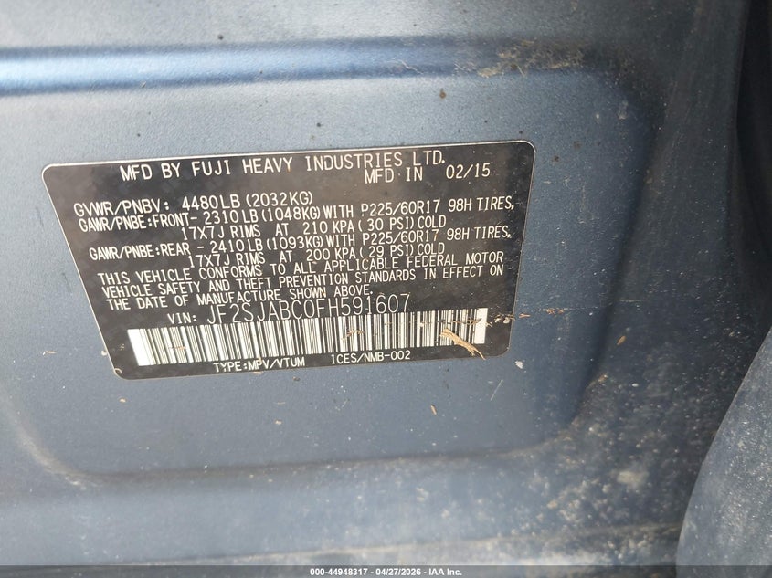 2015 Subaru Forester VIN JF2SJABC0FH591607 IAAI salvage auction — FRONT END, Salvage Title, sold $150 on 2026-07-06 (photo 9)