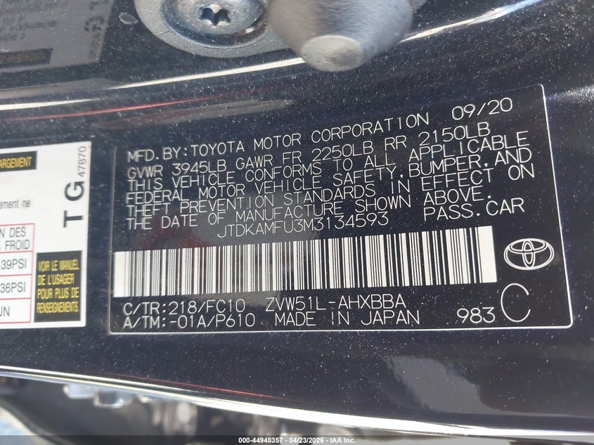 2021 Toyota Prius VIN JTDKAMFU3M3134593 IAAI salvage auction — FRONT & REAR, Wait Title, sold $6,150 on 2026-07-13 (photo 9)