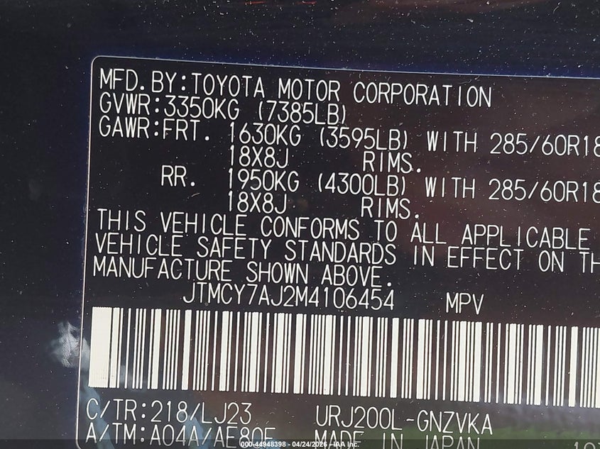 2021 Toyota Land cruiser VIN JTMCY7AJ2M4106454 IAAI salvage auction — FRONT END, Salvage Title, sold $22,100 on 2026-07-30 (photo 9)