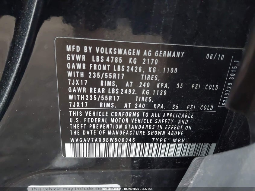 2011 Volkswagen Tiguan VIN WVGAV7AX8BW500946 IAAI salvage auction — FRONT END, Clear (Indiana), sold $1,100 on 2026-07-08 (photo 9)