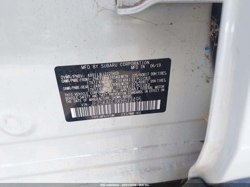 2019 Subaru Forester VIN JF2SKAGC8KH572495 IAAI salvage auction — FRONT END, Wait Title, sold $1,050 on 2026-07-17 (photo 9)