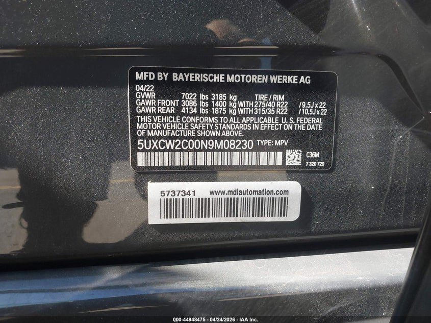 2022 BMW X7 VIN 5UXCW2C00N9M08230 IAAI salvage auction — FRONT END, Salvage Title, sold $39,000 on 2026-07-20 (photo 9)