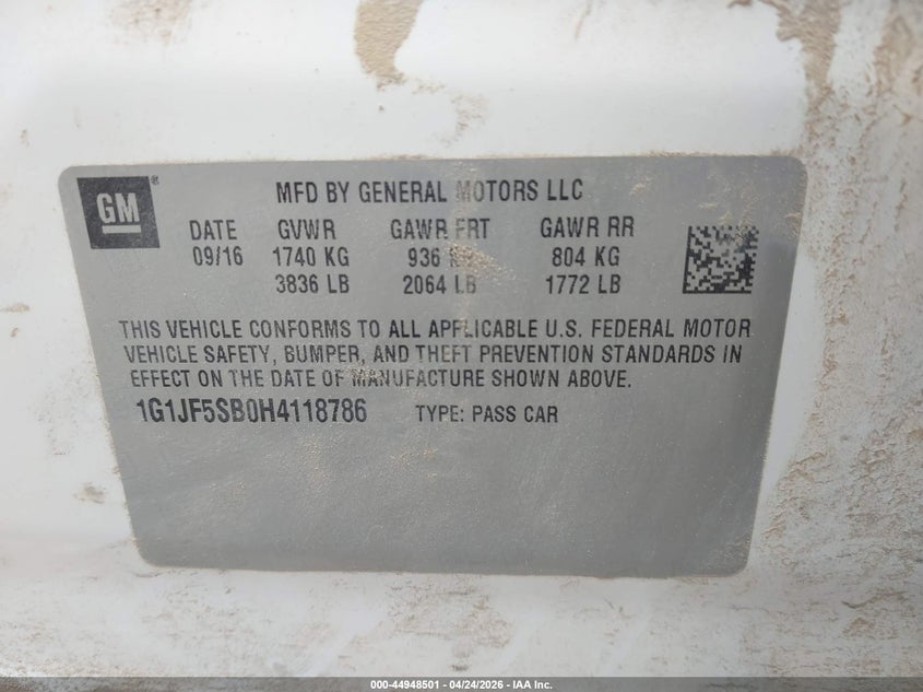 2017 Chevrolet SONIC VIN 1G1JF5SB0H4118786 IAAI salvage auction — FRONT & REAR, Salvage (Utah), sold $475 on 2026-07-09 (photo 9)
