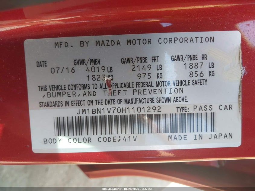 2017 Mazda 3 VIN JM1BN1V70H1101292 IAAI salvage auction — FRONT END, Salvage - Greater Than 75% (Maryland), sold $1,200 on 2026-07-07 (photo 9)