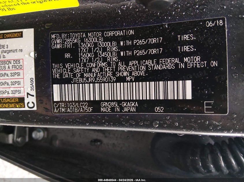 2018 Toyota 4runner VIN JTEBU5JR9J5590139 IAAI salvage auction — RIGHT SIDE, Salvage Title, sold $4,800 on 2026-07-29 (photo 9)
