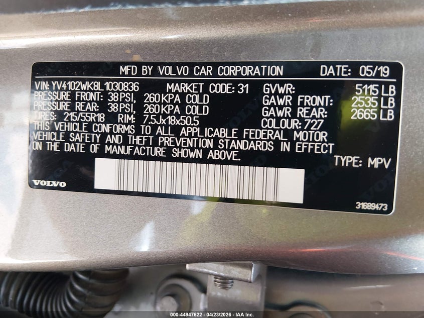 2020 Volvo V60 cross country VIN YV4102WK8L1030836 IAAI salvage auction — WATER/FLOOD, Salvage (Hawaii), sold $3,700 on 2026-07-28 (photo 9)