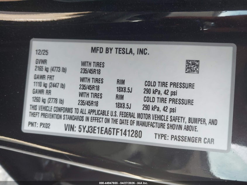 2026 Tesla Model 3 VIN 5YJ3E1EA6TF141280 IAAI salvage auction — ALL OVER, Salvage Title, sold $13,100 on 2026-07-09 (photo 9)