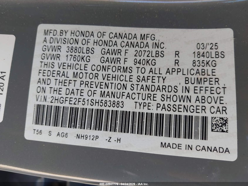 2025 Honda Civic VIN 2HGFE2F51SH583883 IAAI salvage auction — REAR END, Salvage Title, sold $5,800 on 2026-07-18 (photo 9)