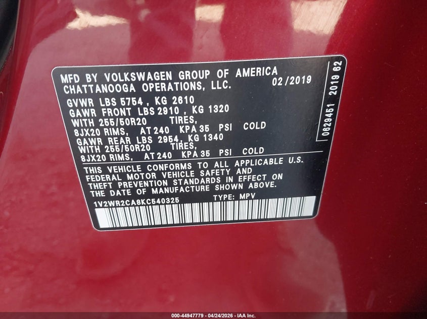 2019 Volkswagen Atlas VIN 1V2WR2CA8KC540325 IAAI salvage auction — RIGHT SIDE, Salvage Title, sold $3,100 on 2026-07-30 (photo 9)