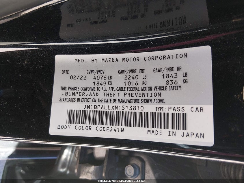 2022 Mazda 3 VIN JM1BPALLXN1513810 IAAI salvage auction — WATER/FLOOD, Salvage (New Hampshire), sold $3,550 on 2026-07-22 (photo 9)