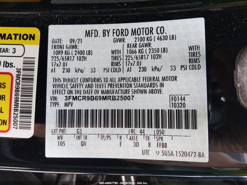 2021 Ford Bronco sport VIN 3FMCR9B69MRB25007 IAAI salvage auction — HAIL, Salvage (West Virginia), sold $8,675 on 2026-07-30 (photo 9)