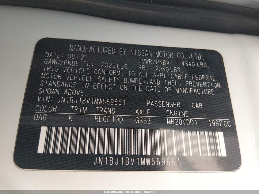 2021 Nissan Rogue VIN JN1BJ1BV1MW569661 IAAI salvage auction — LEFT SIDE, Original (Texas), sold $4,075 on 2026-07-21 (photo 9)
