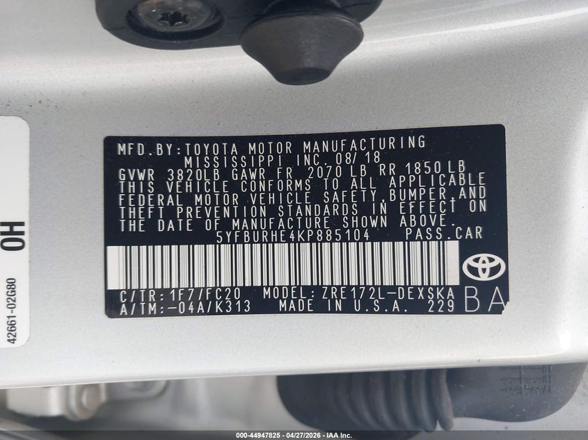 2019 Toyota Corolla VIN 5YFBURHE4KP885104 IAAI salvage auction — UNKNOWN, Original (Texas), sold $5,100 on 2026-07-08 (photo 9)