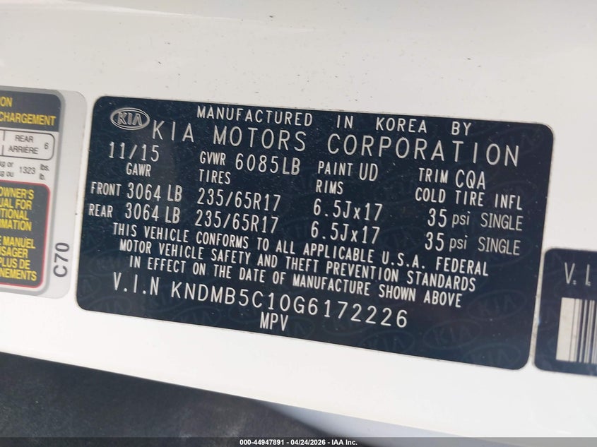 2016 Kia SEDONA VIN KNDMB5C10G6172226 IAAI salvage auction — FRONT END, Salvage Title, sold $875 on 2026-07-07 (photo 9)