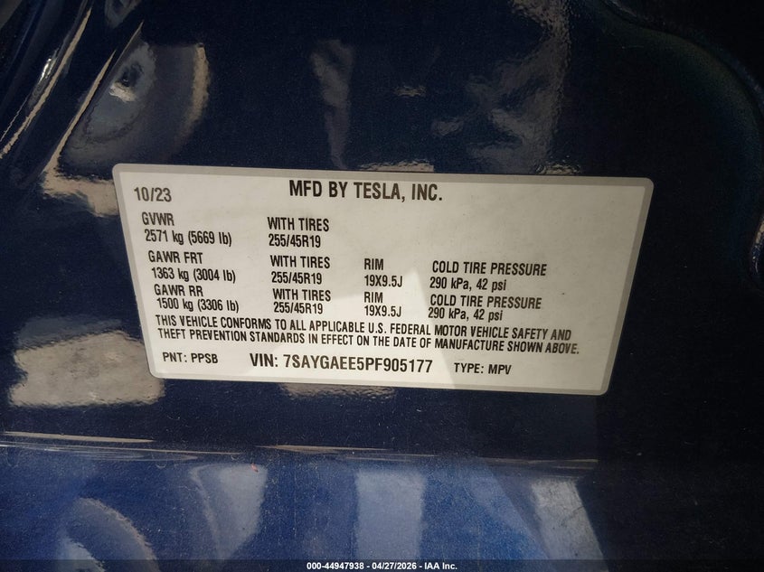 2023 Tesla Model y VIN 7SAYGAEE5PF905177 IAAI salvage auction — LEFT SIDE, Salvage (Massachusetts), sold $8,200 on 2026-07-09 (photo 9)