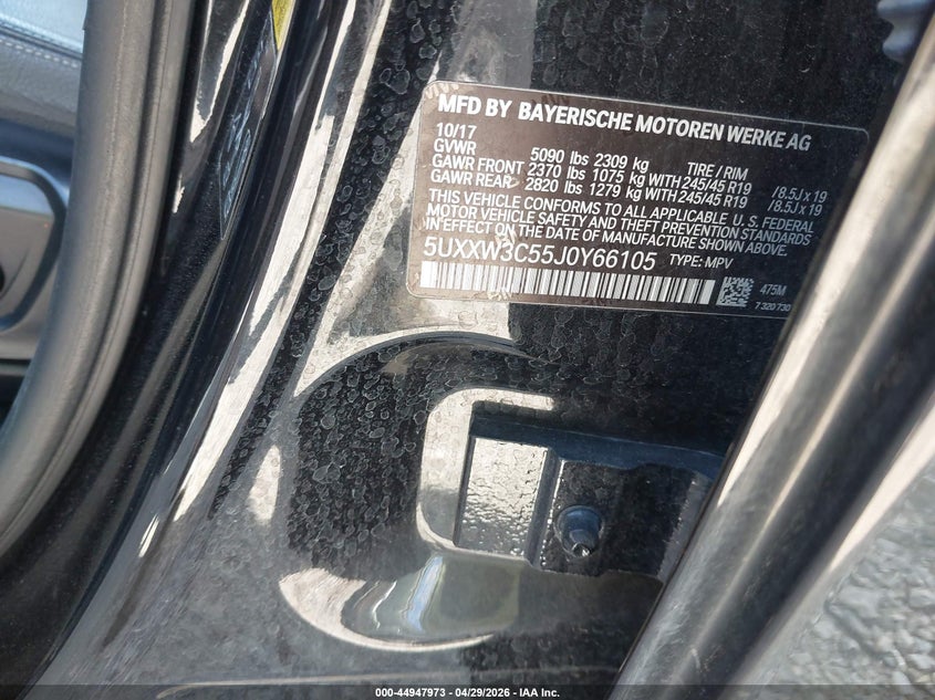 2018 BMW X4 VIN 5UXXW3C55J0Y66105 IAAI salvage auction — HAIL, Salvage (Iowa), sold $6,000 on 2026-07-29 (photo 9)