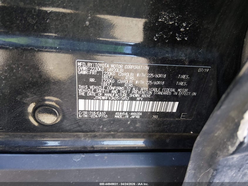 2019 Toyota Rav 4 VIN JTMDWRFV3KD515853 IAAI salvage auction — LEFT SIDE, Salvage Title, sold $11,200 on 2026-07-10 (photo 9)