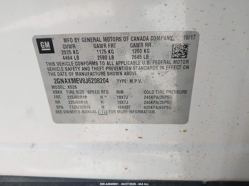 2018 Chevrolet Equinox VIN 2GNAXMEV8J6208204 IAAI salvage auction — ALL OVER, Salvage (Oklahoma), sold $1,300 on 2026-07-28 (photo 9)