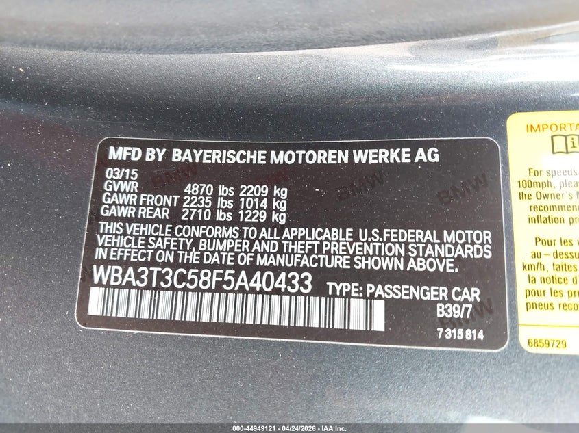 2015 BMW 4er VIN WBA3T3C58F5A40433 IAAI salvage auction — FRONT END, Salvage Title, sold $3,900 on 2026-07-24 (photo 9)