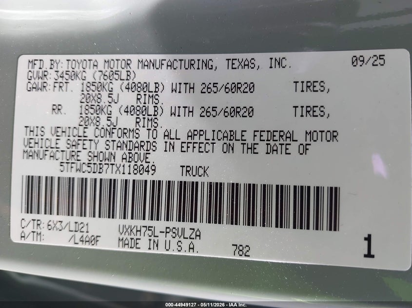 2026 Toyota Tundra VIN 5TFWC5DB7TX118049 IAAI salvage auction — FRONT END, Salvage (Tennessee), sold $30,900 on 2026-07-13 (photo 9)