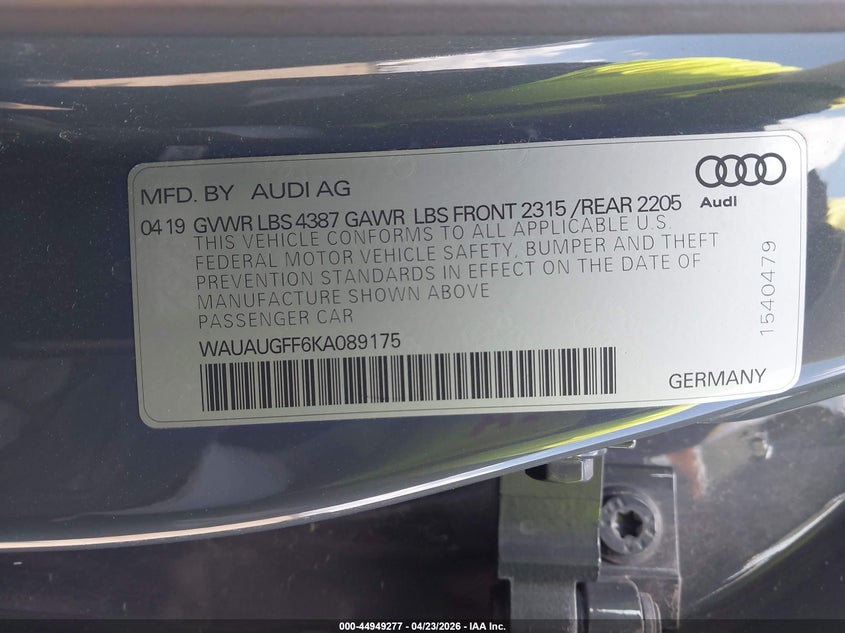 2019 Audi A3 VIN WAUAUGFF6KA089175 IAAI salvage auction — FRONT END, Original (Texas), sold $3,525 on 2026-07-14 (photo 9)