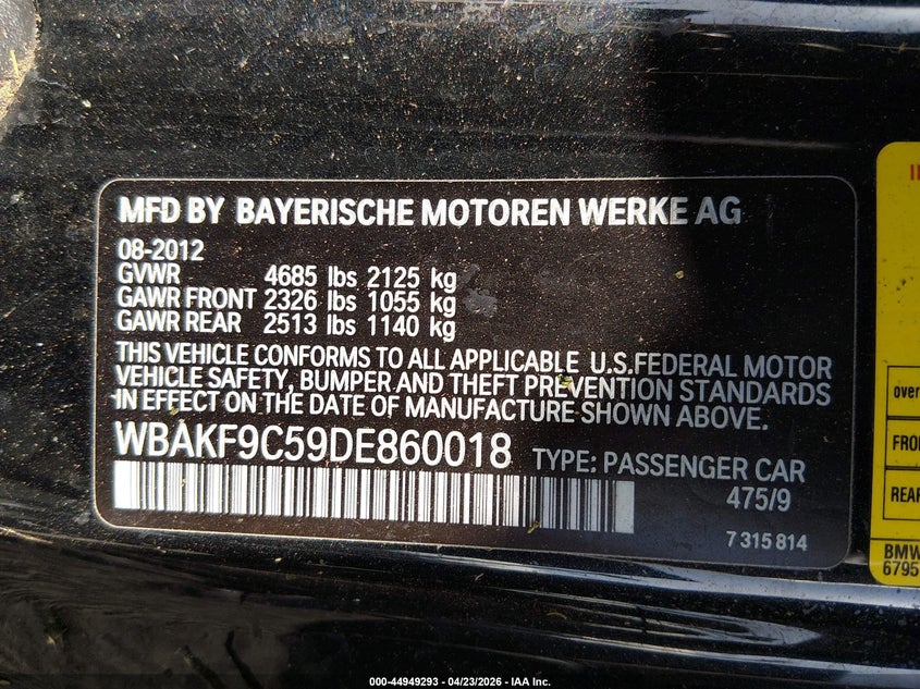 2013 BMW 3er VIN WBAKF9C59DE860018 IAAI salvage auction — BIO HAZARD, Salvage (Oregon), sold $225 on 2026-07-06 (photo 9)