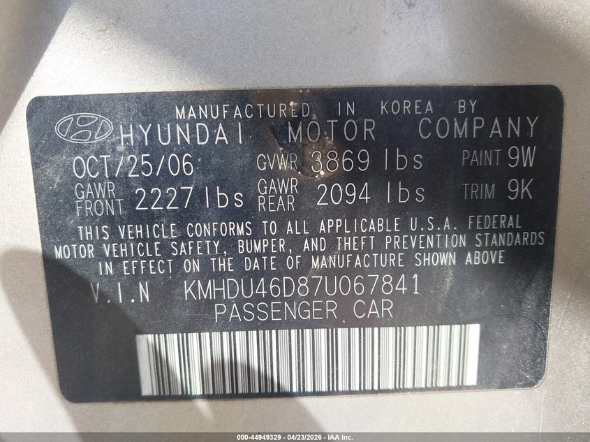 2007 Hyundai Elantra VIN KMHDU46D87U067841 IAAI salvage auction — NORMAL WEAR, Salvage (Texas), sold $325 on 2026-07-28 (photo 9)