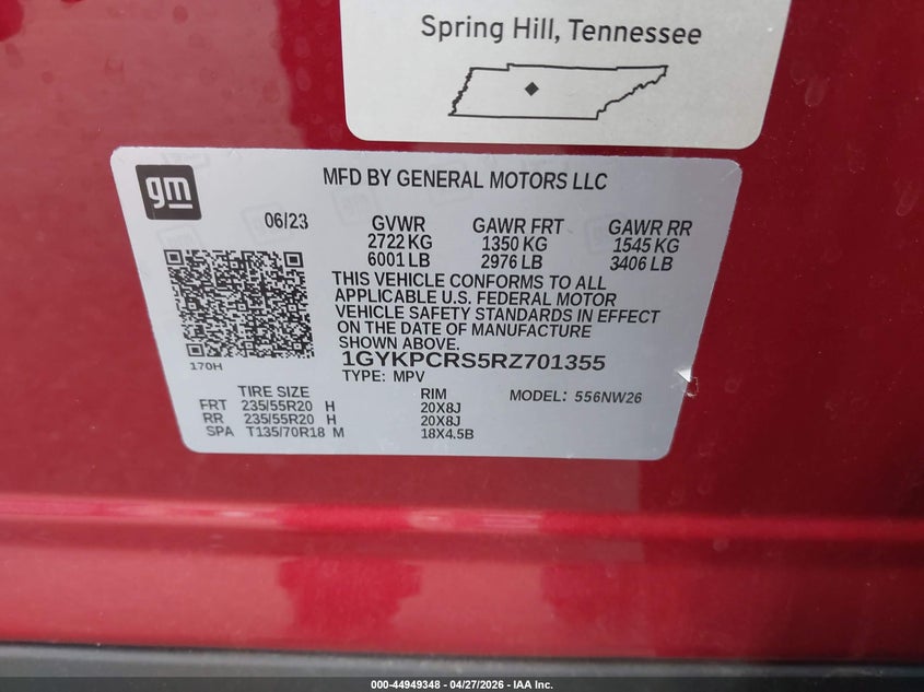 2024 Cadillac Xt6 VIN 1GYKPCRS5RZ701355 IAAI salvage auction — FRONT END, Salvage Title, sold $3,850 on 2026-07-24 (photo 9)