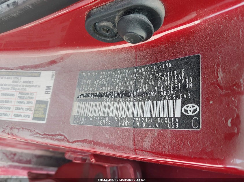2021 Toyota Corolla VIN 5YFEPMAE5MP237520 IAAI salvage auction — WATER/FLOOD, Junk Bill Of Sale Mv2459 (Wisconsin), sold $3,200 on 2026-07-07 (photo 9)