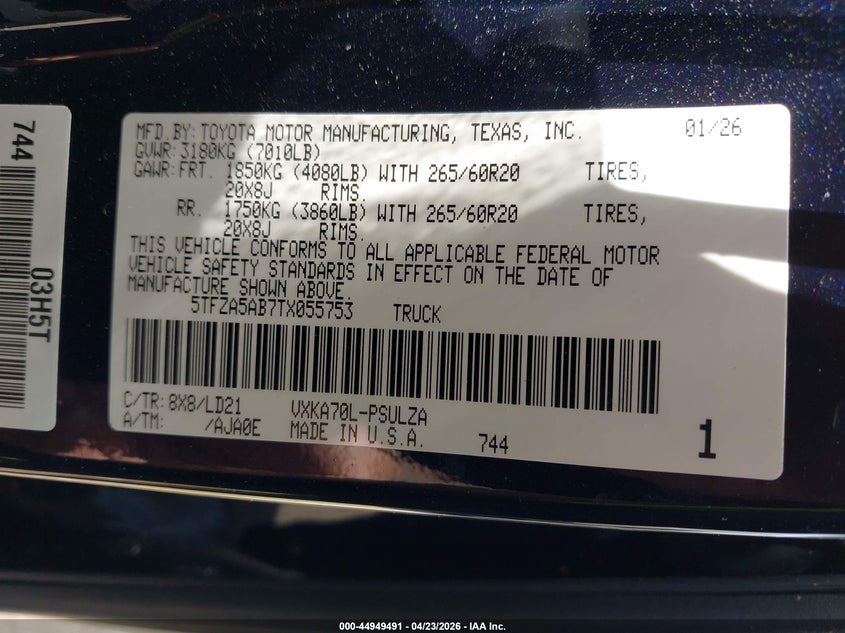 2026 Toyota Tundra VIN 5TFZA5AB7TX055753 IAAI salvage auction — SIDE, Salvage Title, sold $16,850 on 2026-07-20 (photo 9)