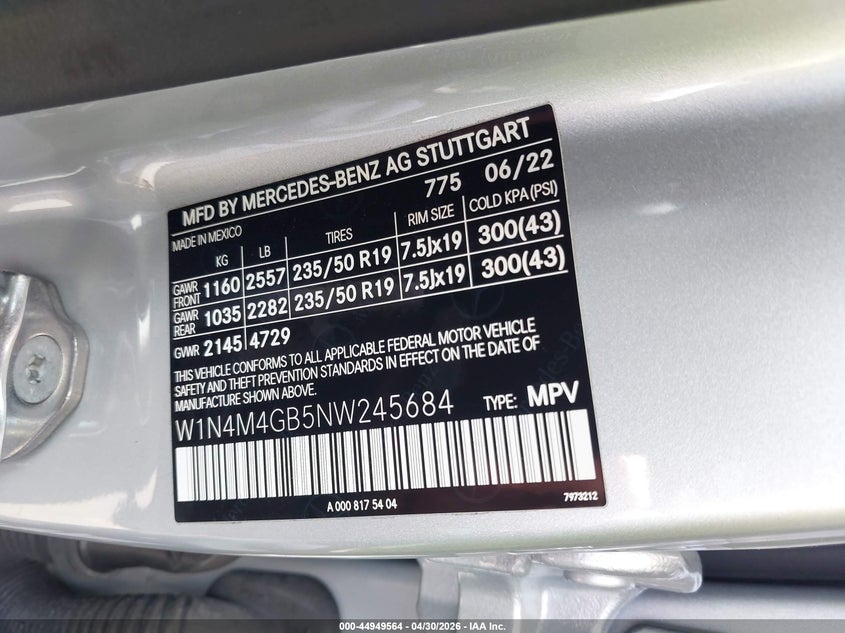 2022 Mercedes-benz Glb VIN W1N4M4GB5NW245684 IAAI salvage auction — RIGHT REAR, Salvage Title, sold $11,600 on 2026-07-16 (photo 9)