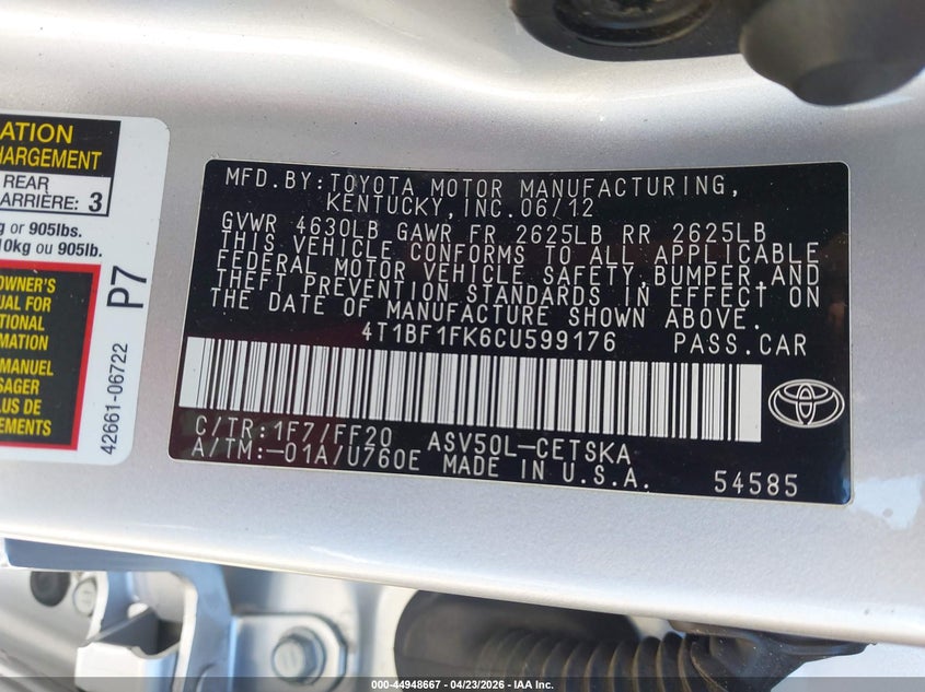 2012 Toyota Camry VIN 4T1BF1FK6CU599176 IAAI salvage auction — LEFT SIDE, Wait Title, sold $3,700 on 2026-07-09 (photo 9)