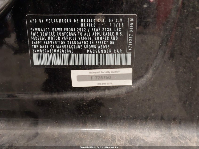 2017 Volkswagen Jetta VIN 3VWB67AJ9HM283060 IAAI salvage auction — FRONT END, Salvage Title, sold $2,100 on 2026-09-05 (photo 9)