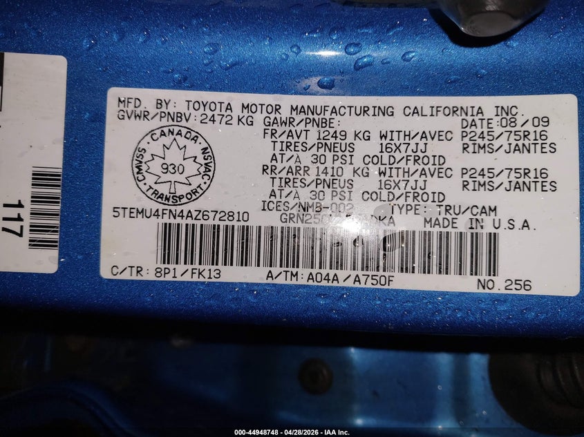 2010 Toyota Tacoma VIN 5TEMU4FN4AZ672810 IAAI salvage auction — LEFT FRONT, Clear (Tennessee), sold $3,900 on 2026-07-27 (photo 9)