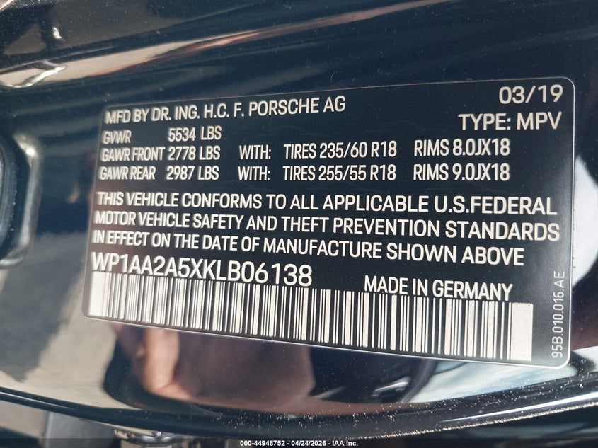 2019 Porsche Macan VIN WP1AA2A5XKLB06138 IAAI salvage auction — FRONT END, Salvage - Greater Than 75% (Maryland), sold $10,075 on 2026-07-30 (photo 9)