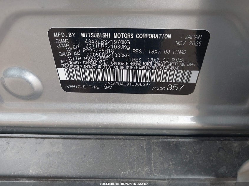 2026 Mitsubishi Outlander VIN JA4ARUAU9TU006597 IAAI salvage auction — FRONT END, Original (Texas), sold $6,900 on 2026-07-06 (photo 9)