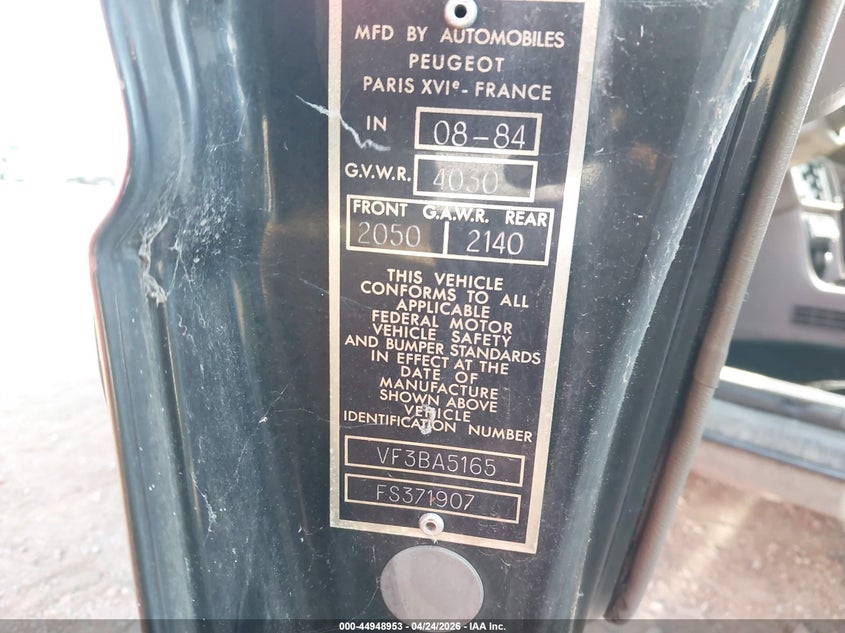 1985 Peugeot 505 VIN VF3BA5165FS371907 IAAI salvage auction — NORMAL WEAR, Salvage (California), sold $550 on 2026-07-29 (photo 9)