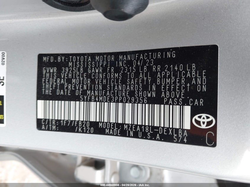 2023 Toyota Corolla VIN 5YFB4MDE3PP029356 IAAI salvage auction — LEFT SIDE, Clear (Oklahoma), sold $9,300 on 2026-07-15 (photo 9)