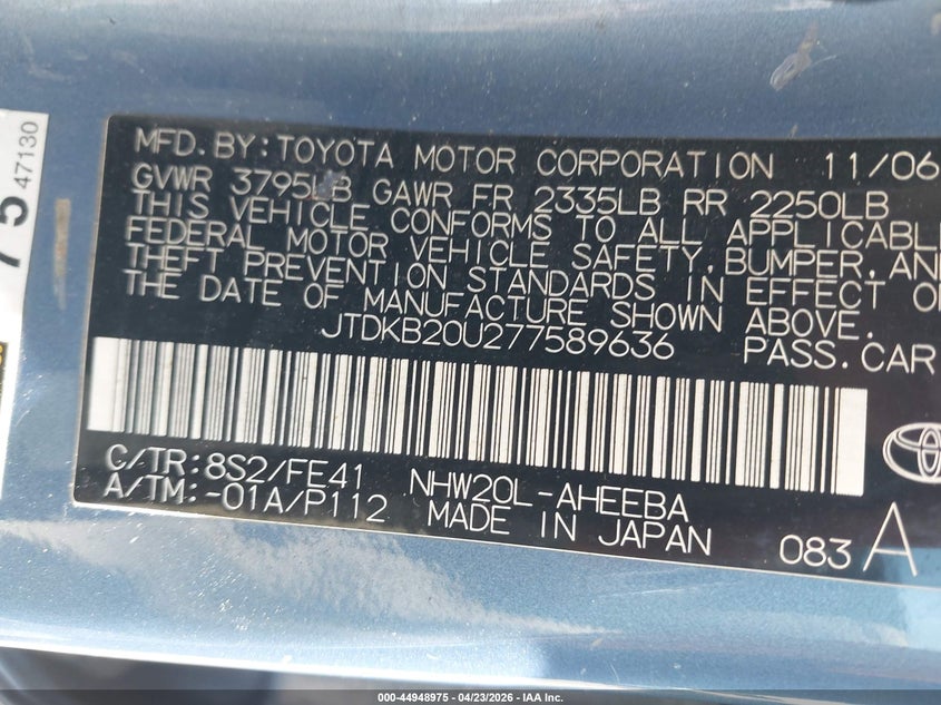 2007 Toyota Prius VIN JTDKB20U277589636 IAAI salvage auction — NORMAL WEAR, Clear (Virginia), sold $400 on 2026-07-21 (photo 9)