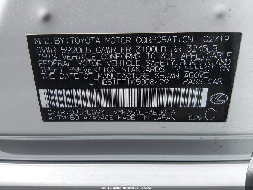 2019 Lexus Ls VIN JTHB51FF1K5008429 IAAI salvage auction — FRONT END, Salvage (California), sold $19,300 on 2026-07-13 (photo 9)
