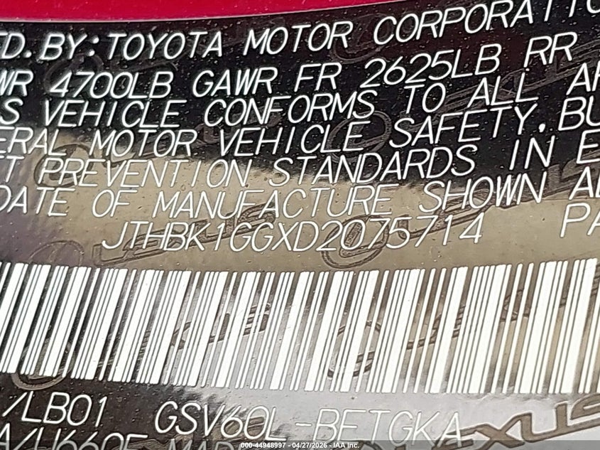 2013 Lexus ES VIN JTHBK1GGXD2075714 IAAI salvage auction — FRONT END, Salvage (Texas), sold $2,050 on 2026-07-17 (photo 9)