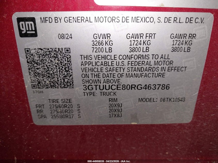 2024 Gmc SIERRA VIN 3GTUUCE80RG463786 IAAI salvage auction — THEFT, Salvage (Oregon), sold $26,900 on 2026-09-07 (photo 9)