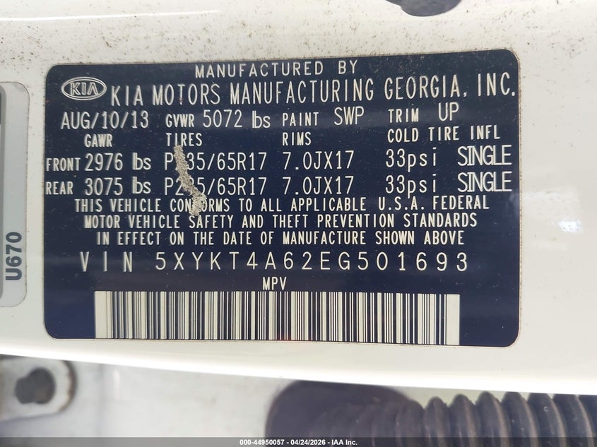 2014 Kia Sorento VIN 5XYKT4A62EG501693 IAAI salvage auction — FRONT END, Salvage Title, sold $550 on 2026-07-22 (photo 9)