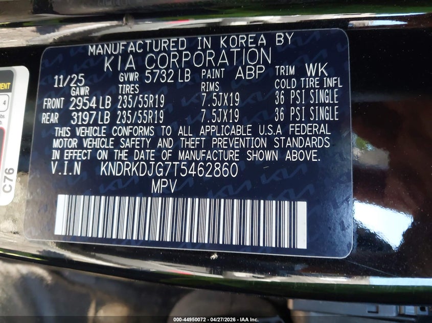 2026 Kia Sorento VIN KNDRKDJG7T5462860 IAAI salvage auction — REAR END, Salvage Title, sold $18,025 on 2026-07-07 (photo 9)
