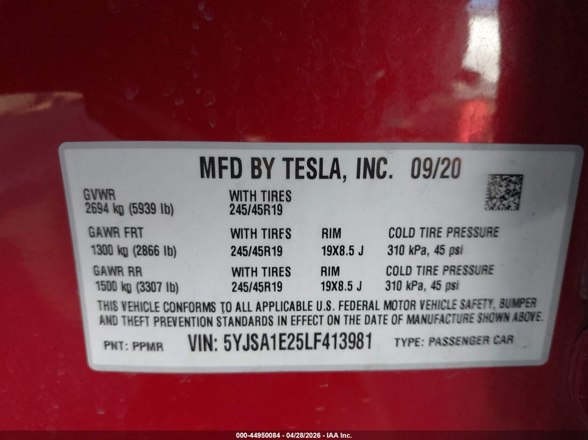 2020 Tesla Model s VIN 5YJSA1E25LF413981 IAAI salvage auction — SIDE, Salvage (California), sold $7,800 on 2026-07-28 (photo 9)