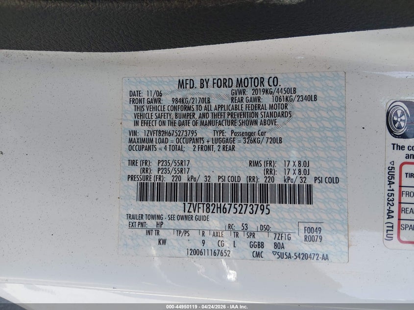 2007 Ford Mustang VIN 1ZVFT82H675273795 IAAI salvage auction — FRONT END, Salvage (California), sold $1,850 on 2026-07-11 (photo 9)